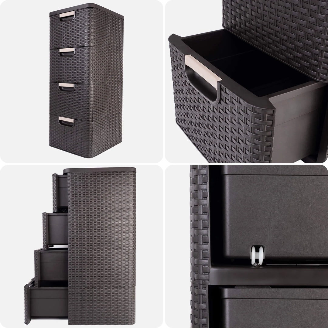 Curver 209906 Storage Unit with Drawers Curver Rattan Style Chest of Drawer Organiser Closet 4x 14L - Brown