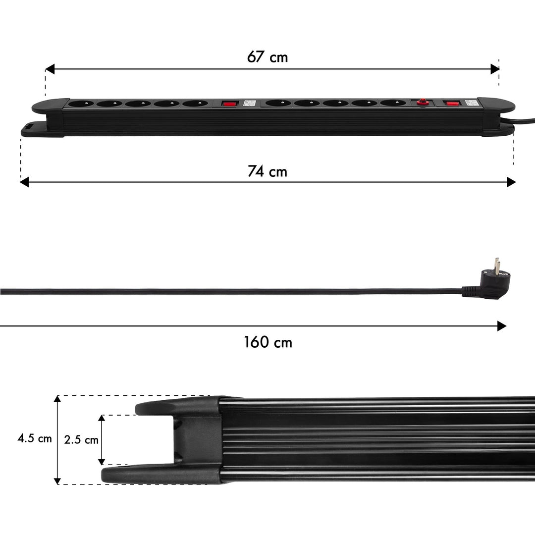 Maclean Power Strip, 10-outlet extension cord, 2 switches, overload protection and indicator, 3680W, MCE10