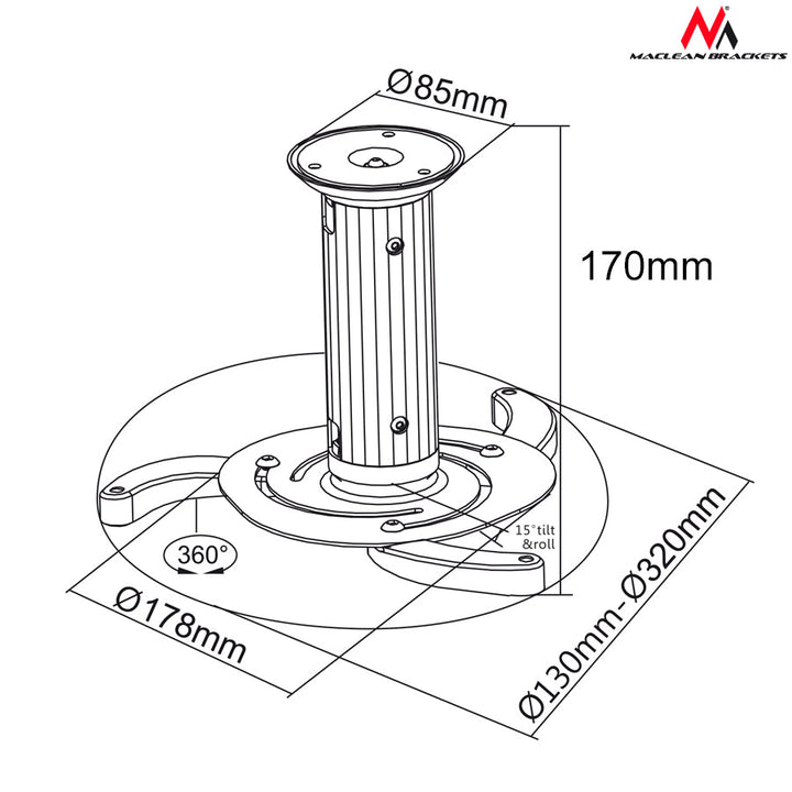 Maclean MC-515 Universal Ceiling Mount for Projector Holder Bracket 10 kg 80-170mm Adjustable Arm Length Sturdy