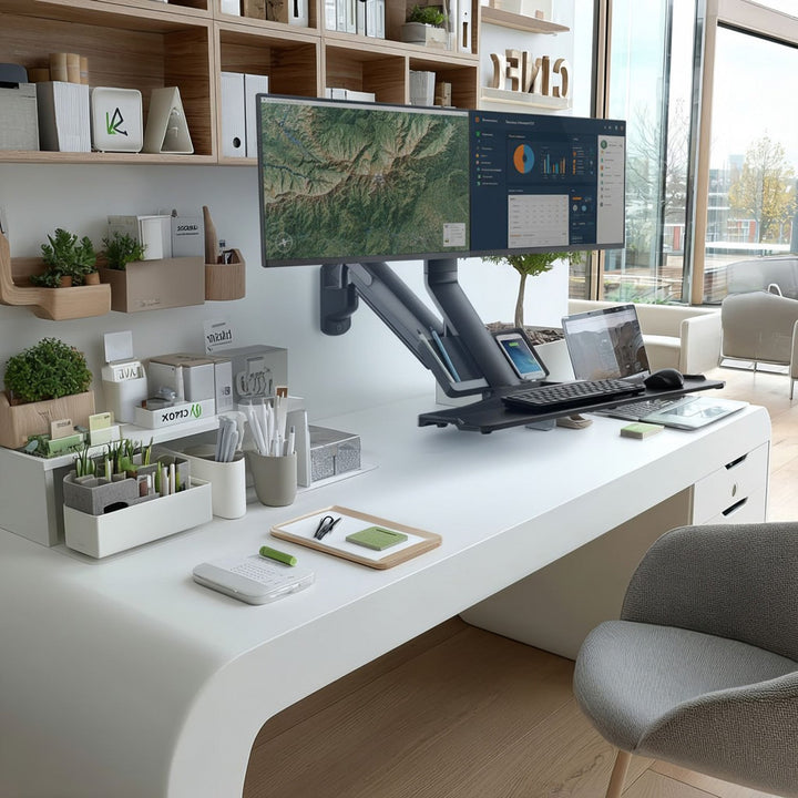 Maclean MC-633 Monitor Bracket Wall Mount Keyboard Shelf Sit Stand Workstation VESA 17" - 32"
