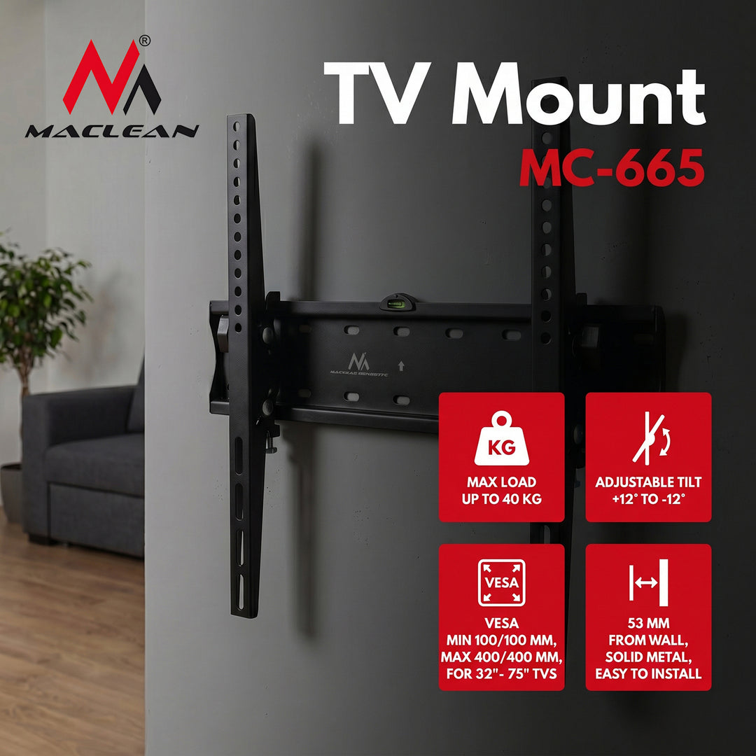 Maclean MC-665 TV Bracket Wall Mount LED LCD Plasma 32'' - 75" 40kg Steel Adjustable