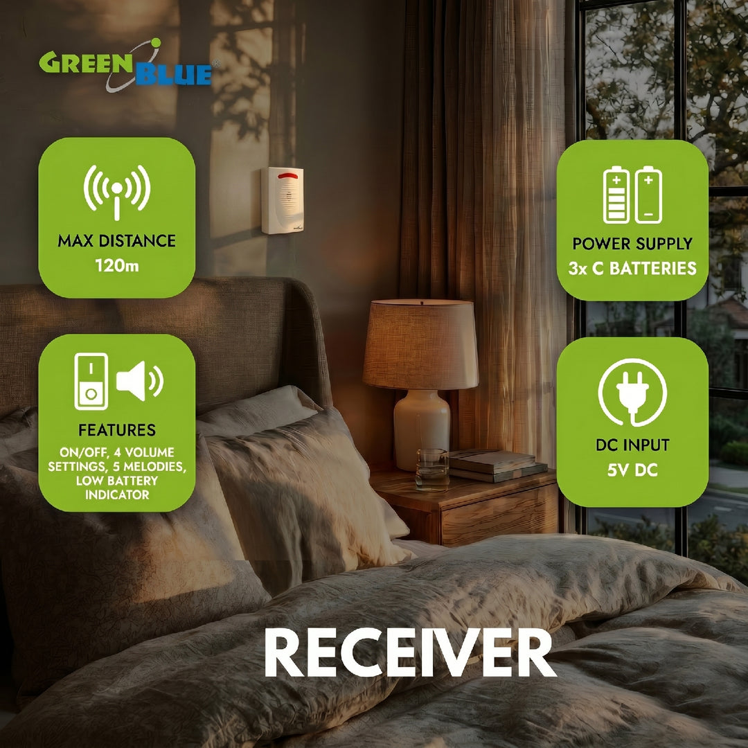 GreenBlue GB3400 PIR Sensor Motion Alarm Wireless Doorbell - 120m Range - 5 Ringtones - LED Indicator - Wireless Security Alert System