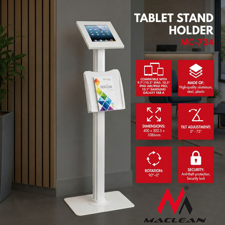 Maclean MC-724 Universal Tablet Stand Desk Holder Anti Theft Floor Mount iPad 2 / 3 / 4 / Air