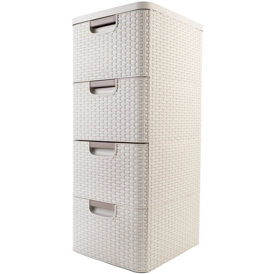 Curver 209907 Storage Unit with Drawers Curver Rattan Style Chest of Drawer Organiser Closet 4x 14L - Cream White
