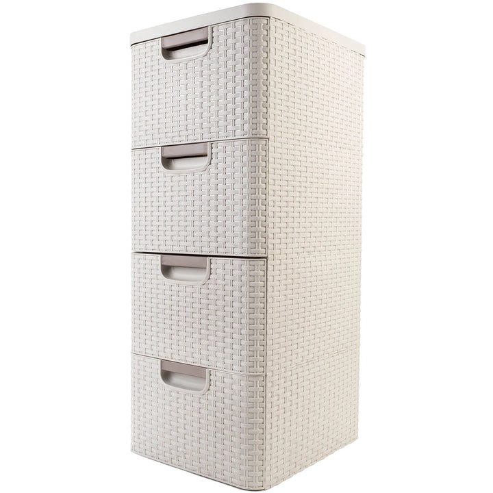 Curver 209907 Storage Unit with Drawers Curver Rattan Style Chest of Drawer Organiser Closet 4x 14L - Cream White
