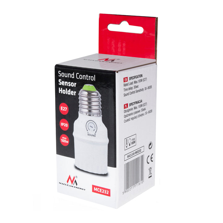 Maclean sound sensor bulb holder, E27 with sound sensor, max 100W, range 30dB - 90dB, MCE232