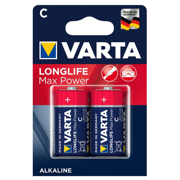 2x Varta Longlife Max Power R14 alkaline batteries