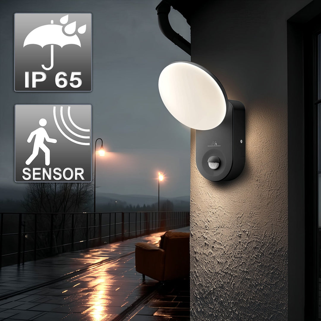 Maclean Energy MCE367 LED wall lamp with PIR sensor - PC + ALU, 15W (1100lm) Neutral White 4000K IP65 gray