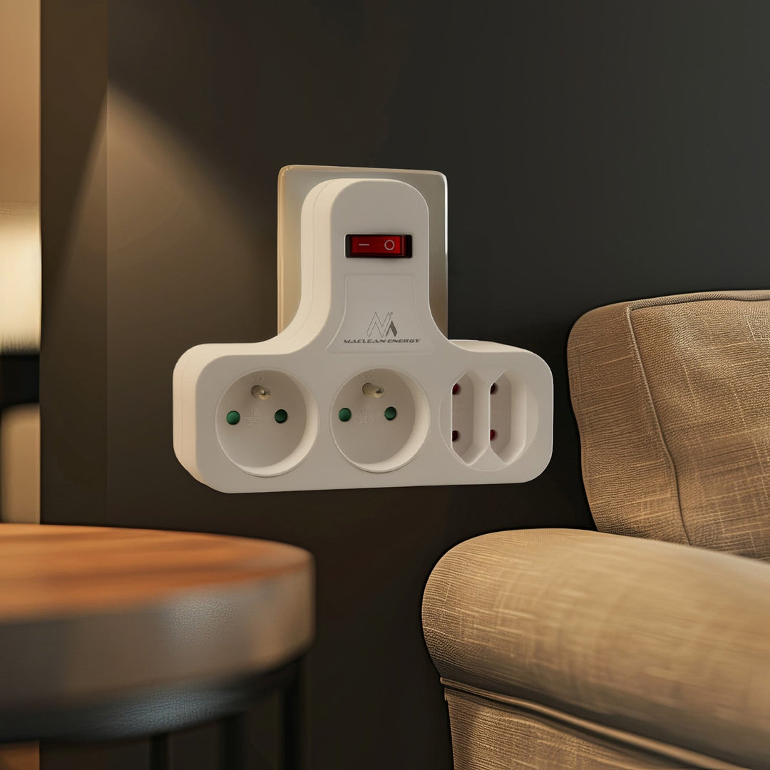 Maclean power socket, quadruple with breaker, stabilizing foot, type E, 2x2,5A, 2x16A, MCE224