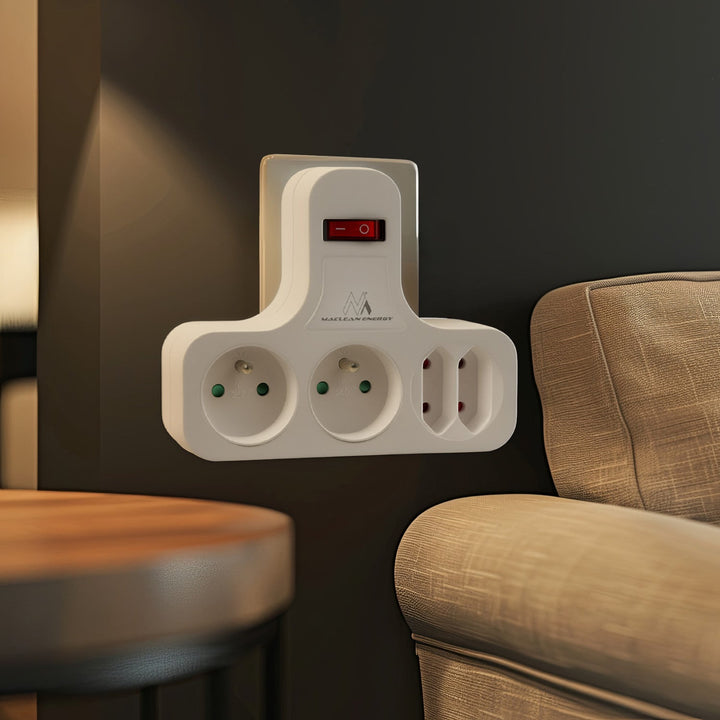 Maclean power socket, quadruple with breaker, stabilizing foot, type E, 2x2,5A, 2x16A, MCE224