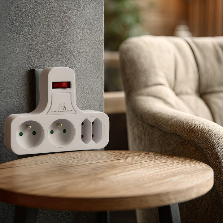 Maclean power socket, quadruple with breaker, stabilizing foot, type E, 2x2,5A, 2x16A, MCE224