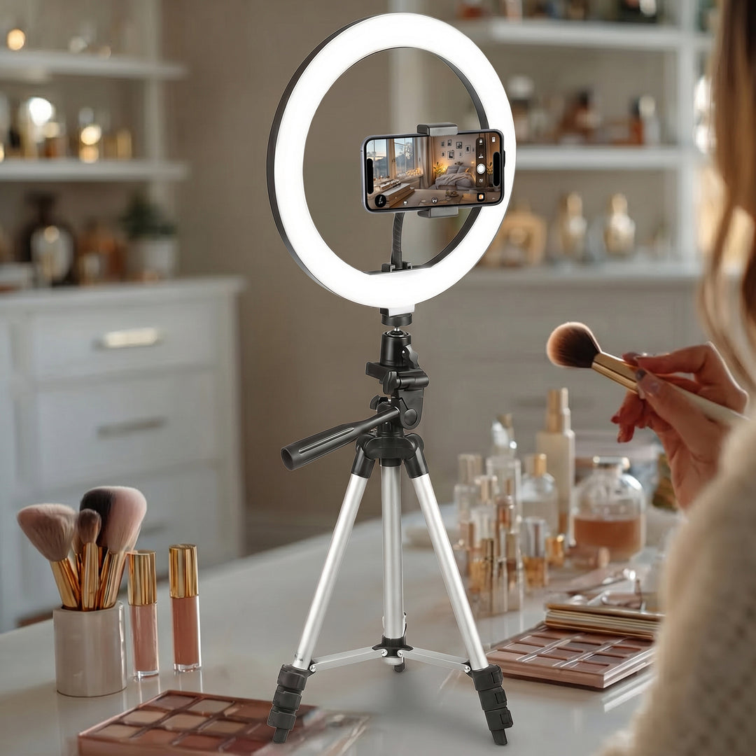 Maclean MCE610 10" 12W LED Ring Light with Tripod Stand and Bluetooth Shutter 3 Colours 10 brightness levels 10% -100% Adjustable brightness 160 LED Smartphone Holder lighting light