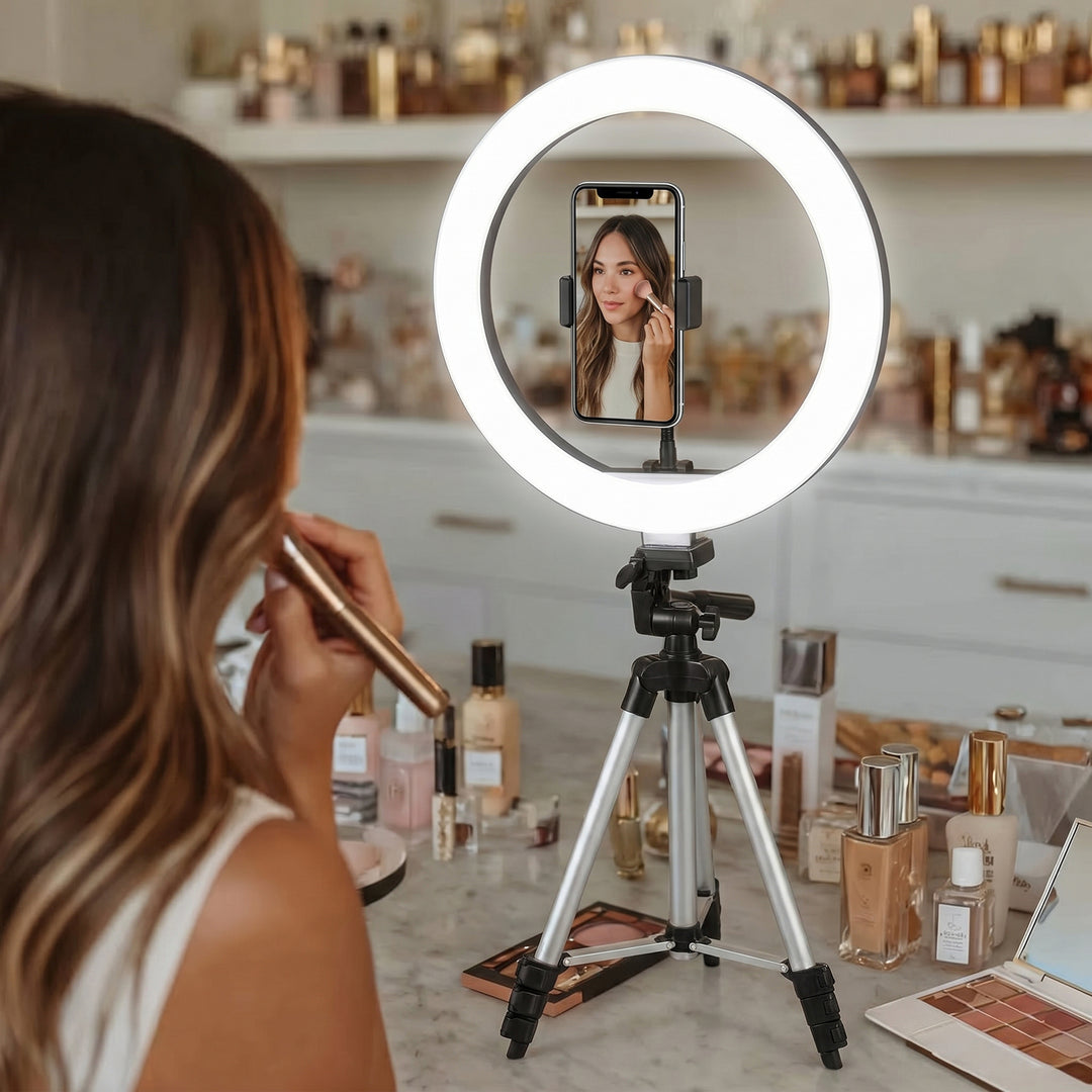 Maclean MCE610 10" 12W LED Ring Light with Tripod Stand and Bluetooth Shutter 3 Colours 10 brightness levels 10% -100% Adjustable brightness 160 LED Smartphone Holder lighting light