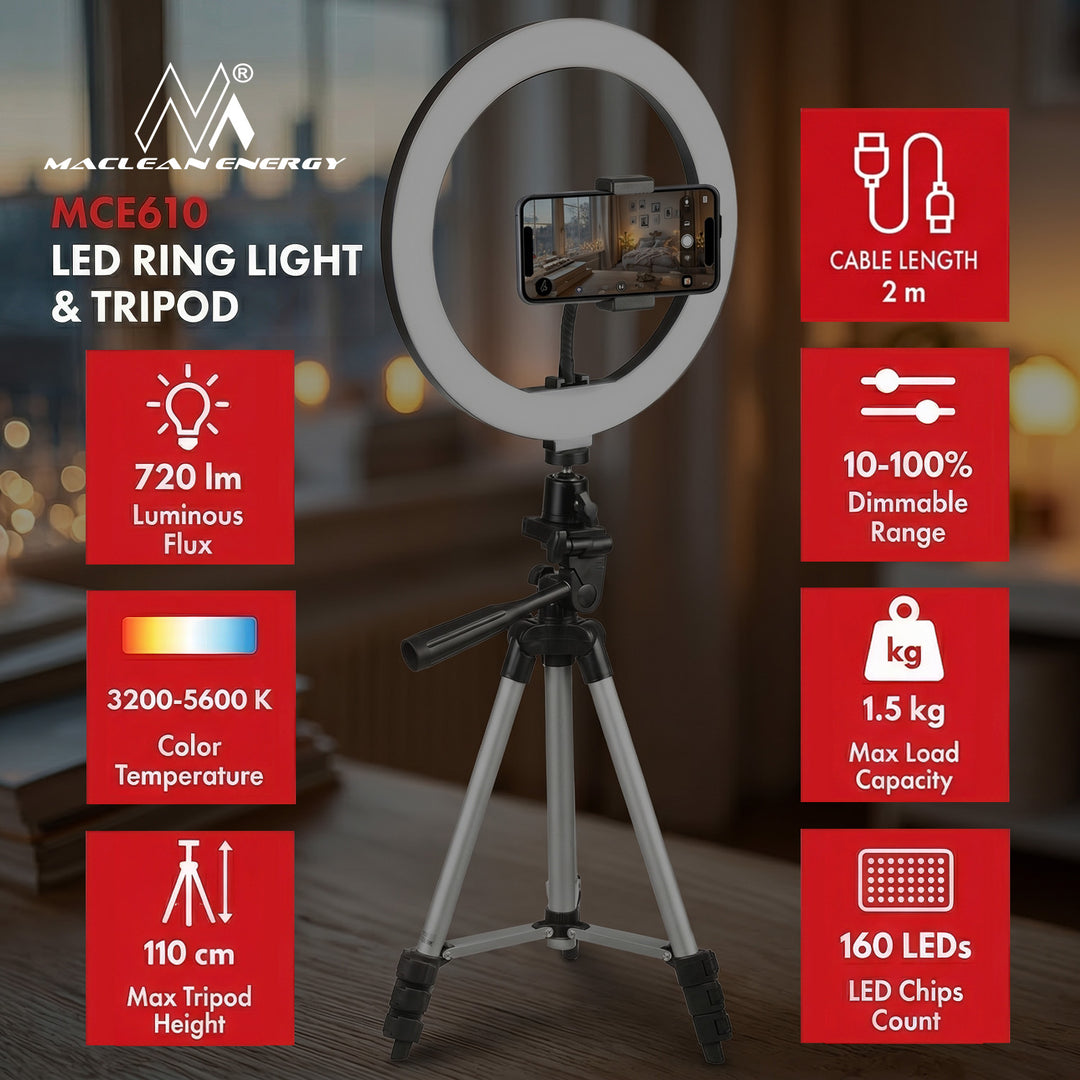 Maclean MCE610 10" 12W LED Ring Light with Tripod Stand and Bluetooth Shutter 3 Colours 10 brightness levels 10% -100% Adjustable brightness 160 LED Smartphone Holder lighting light