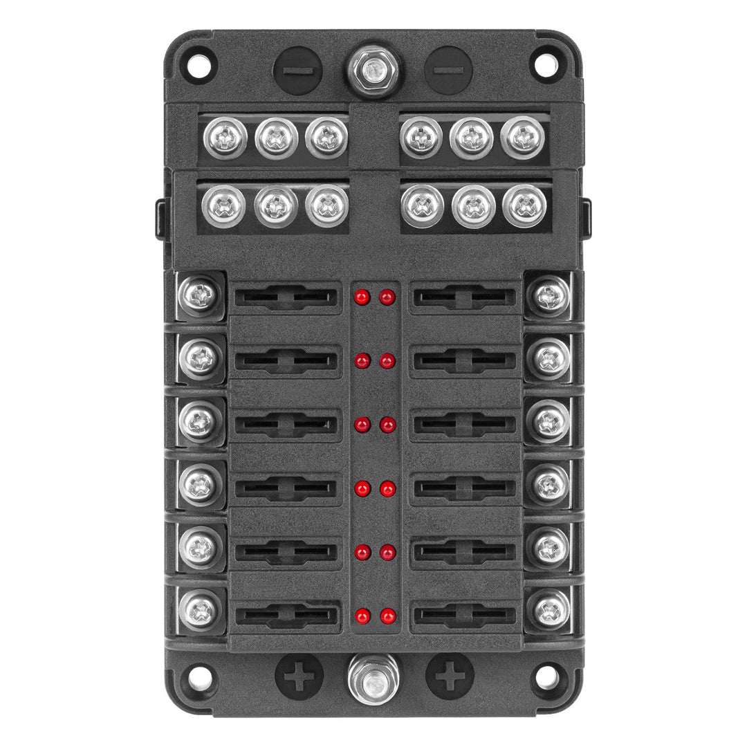 FB-12 fuse box with 12 x 19mm sockets, 30A per circuit, 100A total load, LED indicator, negative rail, 32V, compact size, easy installation