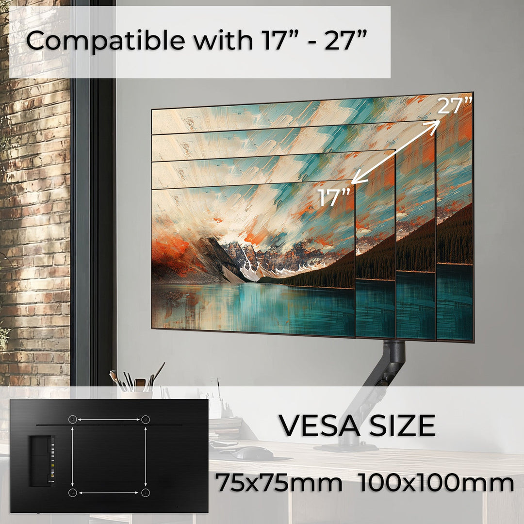 Maclean universal monitor desk mount, mechanical spring 17"-27" 7kg, VESA 75x75,100x100, MC-906