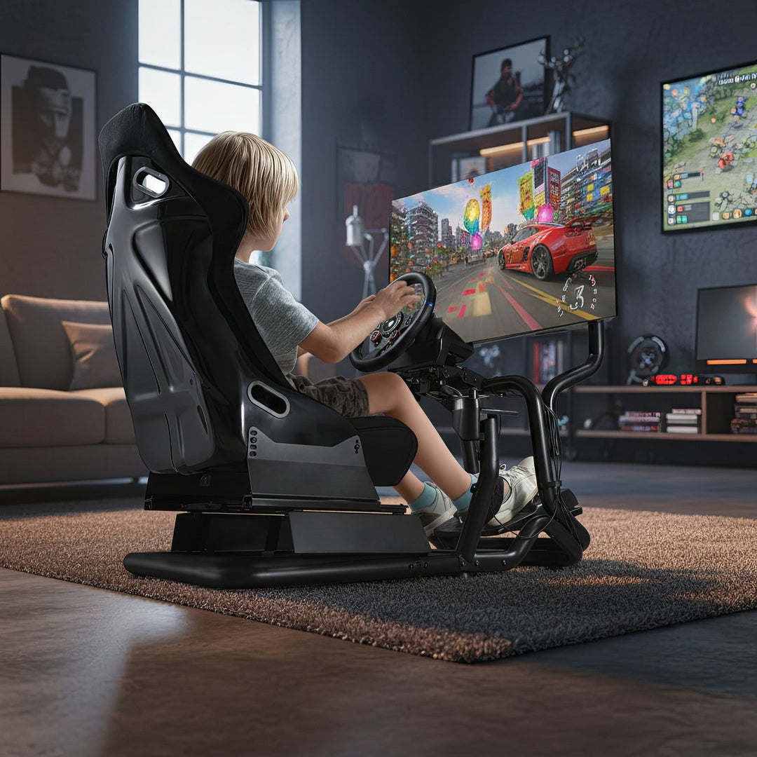 Racing Simulator Cockpit 3-in-1 Seat up to 130kg Shift lever holder Steering wheel stand TV mount up to 50" Max. Vesa 400x200 ...