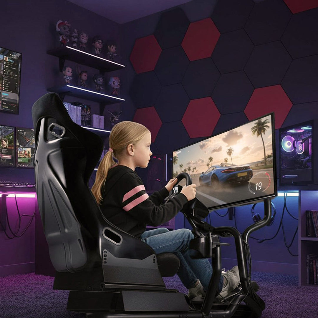 Racing Simulator Cockpit 3-in-1 Seat up to 130kg Shift lever holder Steering wheel stand TV mount up to 50" Max. Vesa 400x200 ...