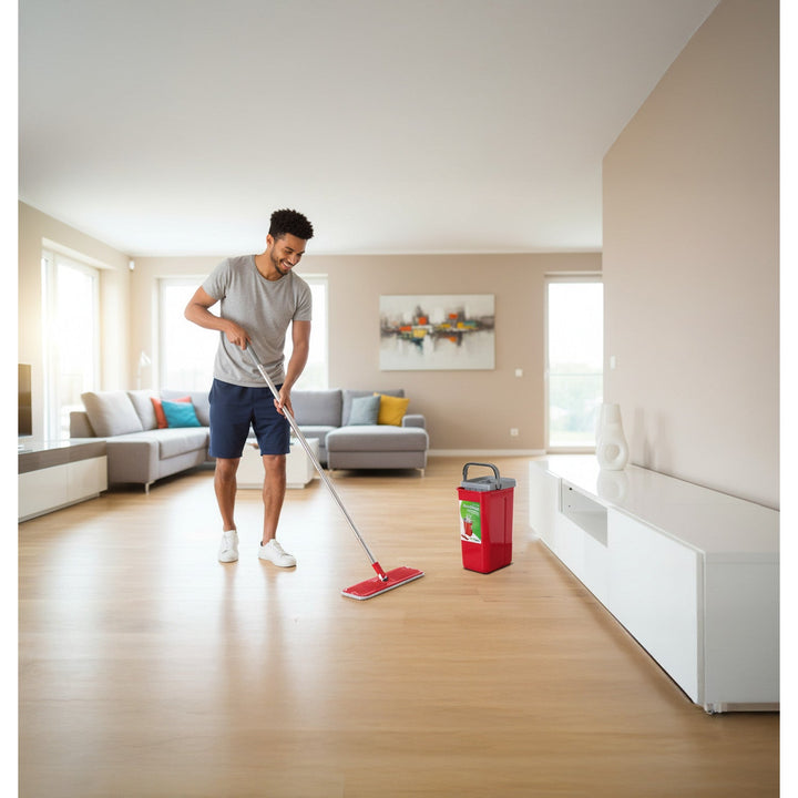 Flat Mop + Bucket + Telescopic Pole + 2 x Microfibre Pad 5.7L Floor Cleaning XXL Set Rotating Head