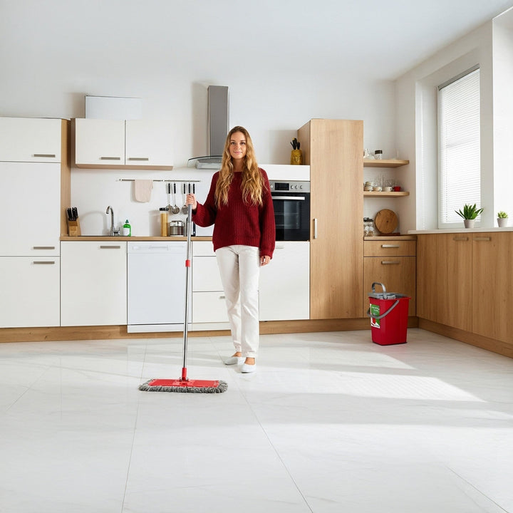 Flat Mop + Bucket + Telescopic Pole + 2 x Microfibre Pad 5.7L Floor Cleaning XXL Set Rotating Head