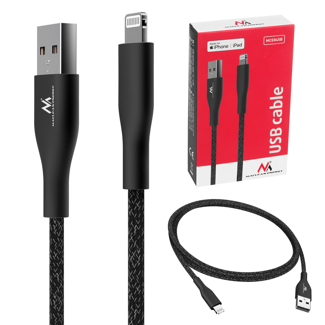 Maclean MCE845B MFi Cable Charging Data Transfer Fast Charge USB 2.4A Black 1m 5V 2.4A Nylon
