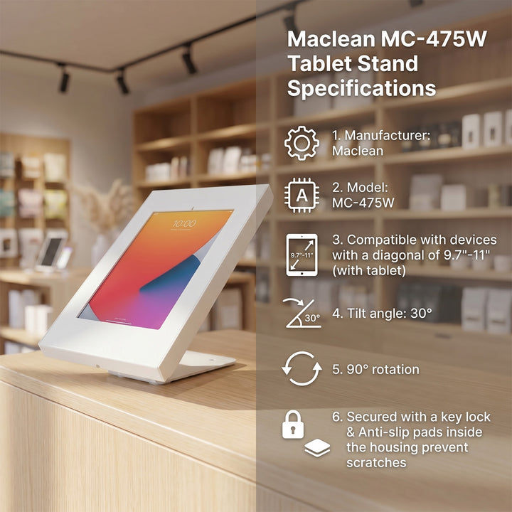 Maclean MC-475W Tablet Advertising Mount, Wall/Desk Mount with Locking Device, Compatible with 9.7"-11", iPad/iPad Air/iPad Pro, Samsung Galaxy Tab A/Tab A7/Tab S6 Lite