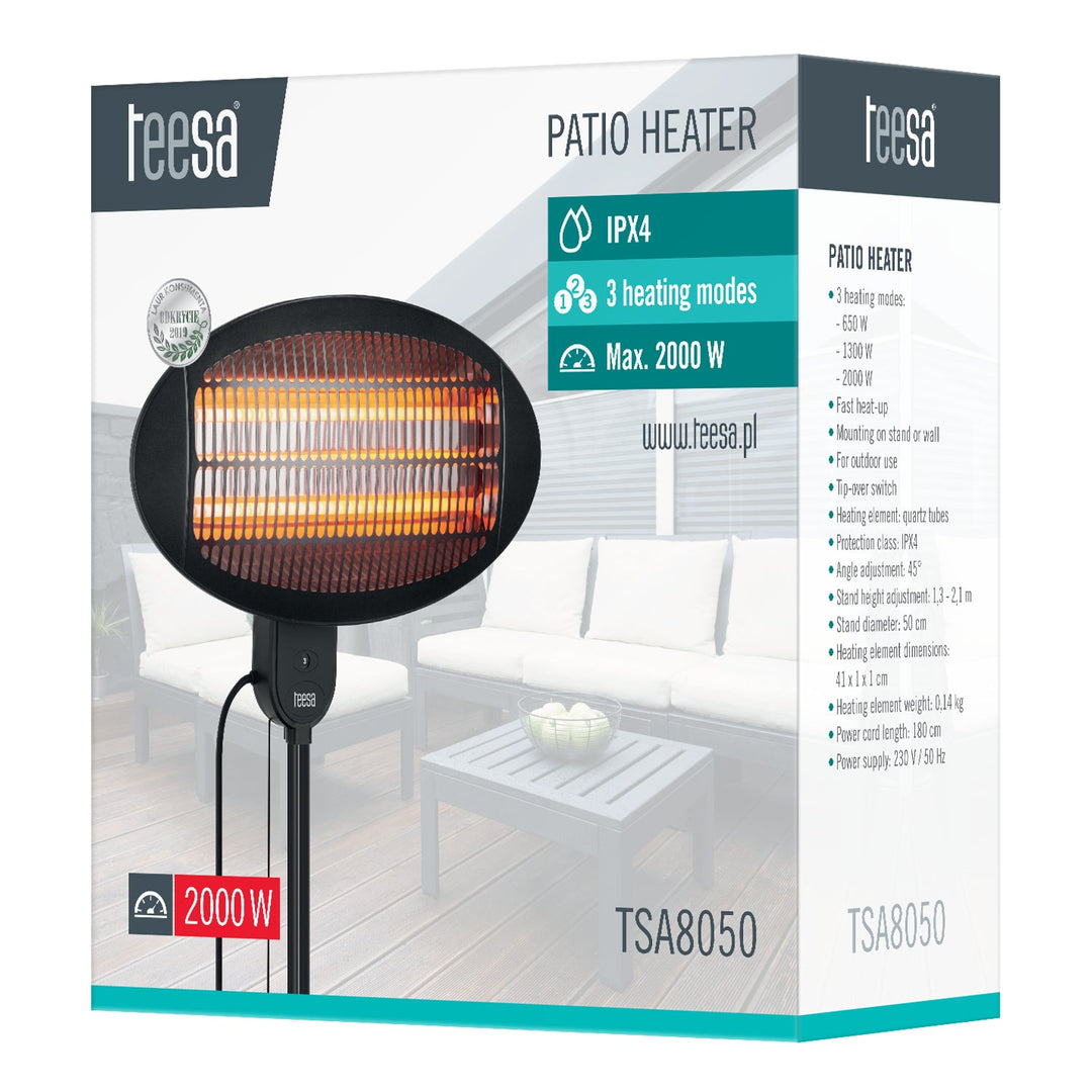 Teesa TSA8050 Infrared Electric Radiant Heater for Patio Balcony Terrace IR 2000W IPX4 Efficient Sturdy