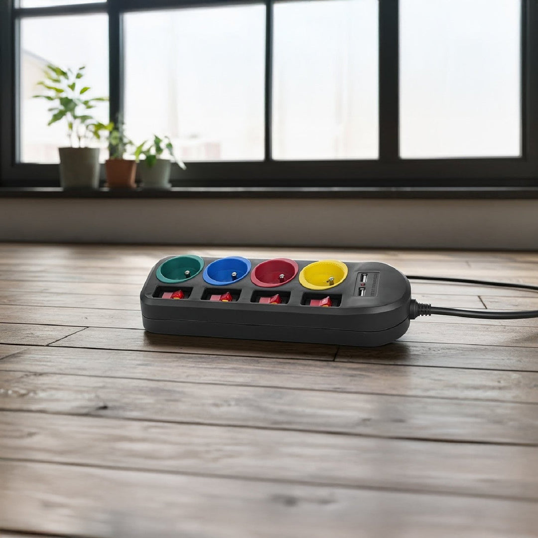 Maclean MCE229 B Power Strip: 4-Socket Extension with 2 USB Ports and Individual Switches (250VAC/10A, 2.1A 5V, 1.5m, Black)