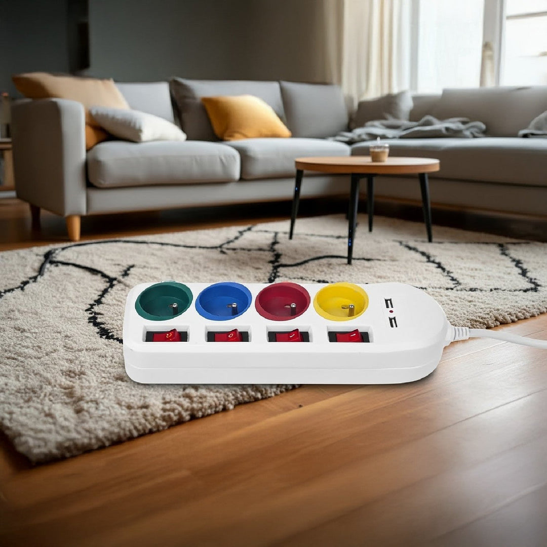 Maclean power strip, extender 4 sockets + 2xUSB, with switches, 250VAC/10A, 2.1A 5V, 1.5m, white, MCE229 W