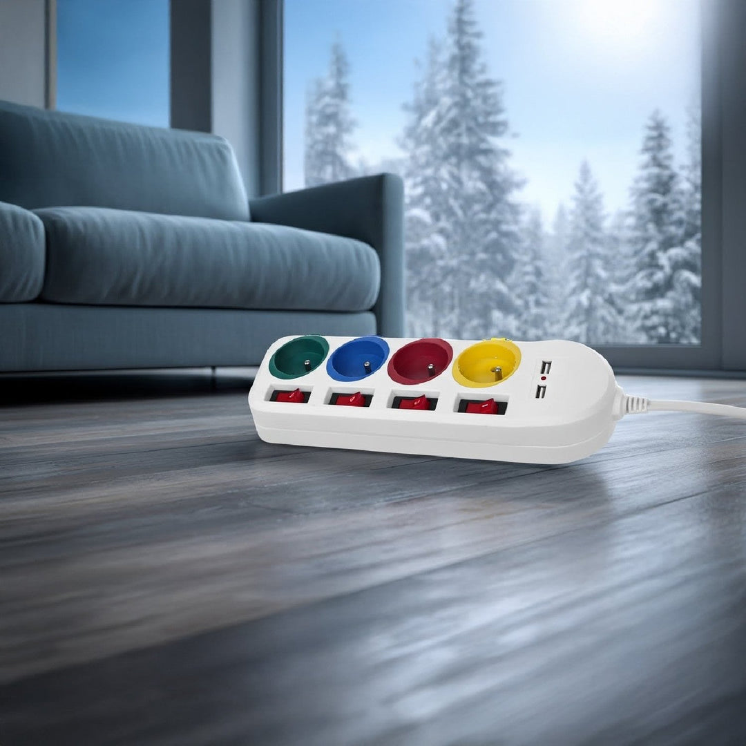 Maclean power strip, extender 4 sockets + 2xUSB, with switches, 250VAC/10A, 2.1A 5V, 1.5m, white, MCE229 W