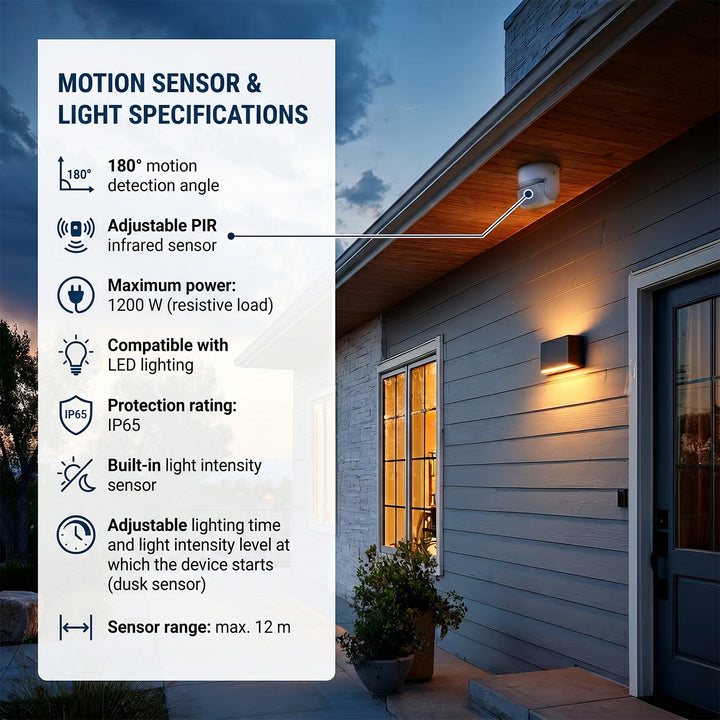 Maclean MCE468 W PIR Motion Sensor Infrared IP65 White Range 12m max load 600/1200W 180° Detection Angle