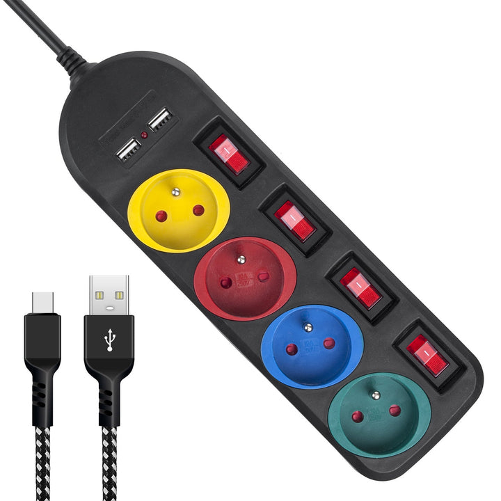 Maclean power strip, extender 4 sockets + 2xUSB, with switches, 250VAC/10A, 2.1A 5V, 1.5m, white, MCE229B + USB cable MCE471