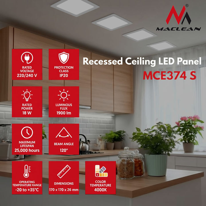 Maclean MCE374S LED Ceiling Panel Flush Mount SLIM 18W Neutral White 4000K 170x170x26mm 1900lm