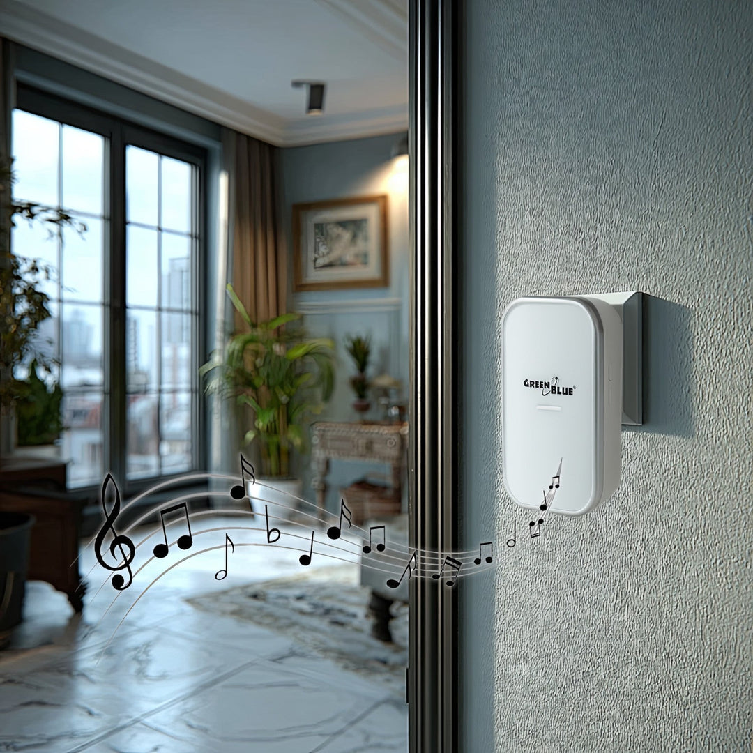 GreenBlue GB157 W Kinetic Battery-free Wireless Door Bell, Melodies, White, Range up to 200m, IP44