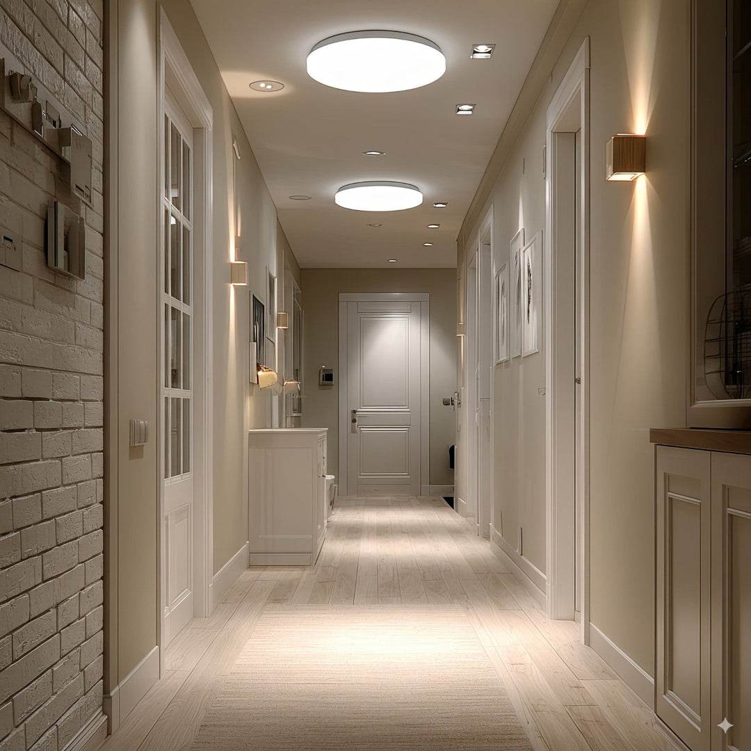 Maclean MCE347 ceiling LED sensor lamp. Equipped with a 5.8GHz microwave sensor, it emits a 4000K light with 12W power and 950lm brightness. With an IP44 rating, it ensures durability and reliability in various environments.