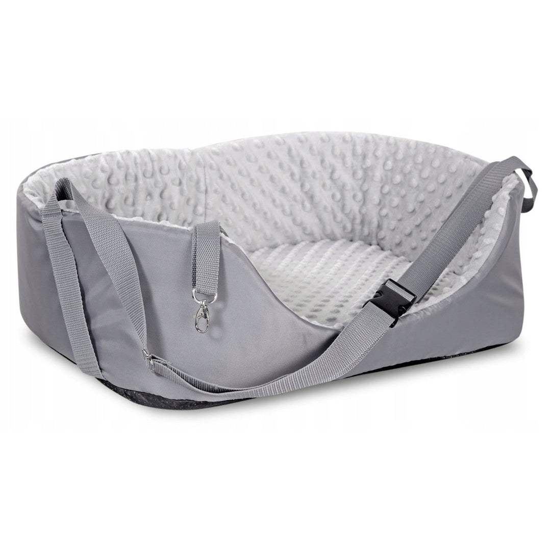 Car transporter for pets, 50 x 40 cm, safe and comfortable dog seat for car with soft plush material, easy to assemble (grey, outer dimensions: 50 x 40 cm)
