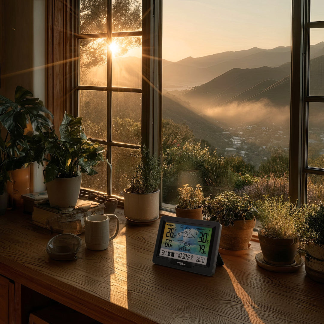 GreenBlue wireless weather station, color, with DCF system, moon phases, barometer, calendar, power adapter, GB540N