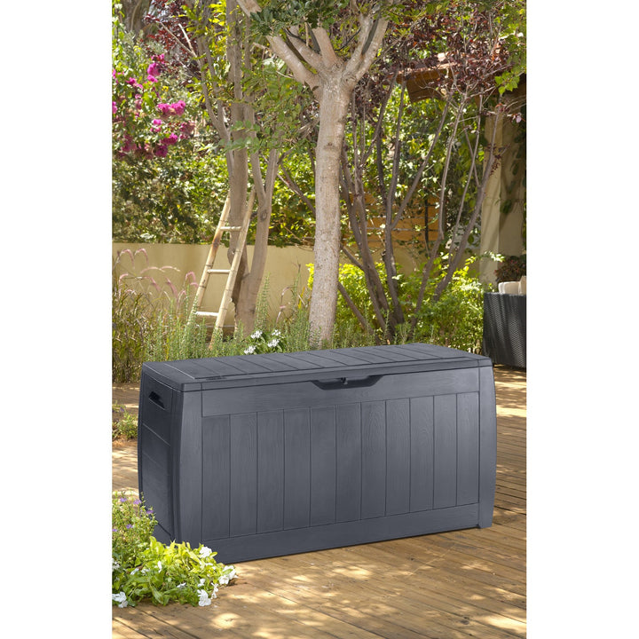 Keter 247310 270L Keter Garden Storage Deck Box Hollywood Outdoor Plastic Wood Design Sturdy Weatherproof  Graphite Grey