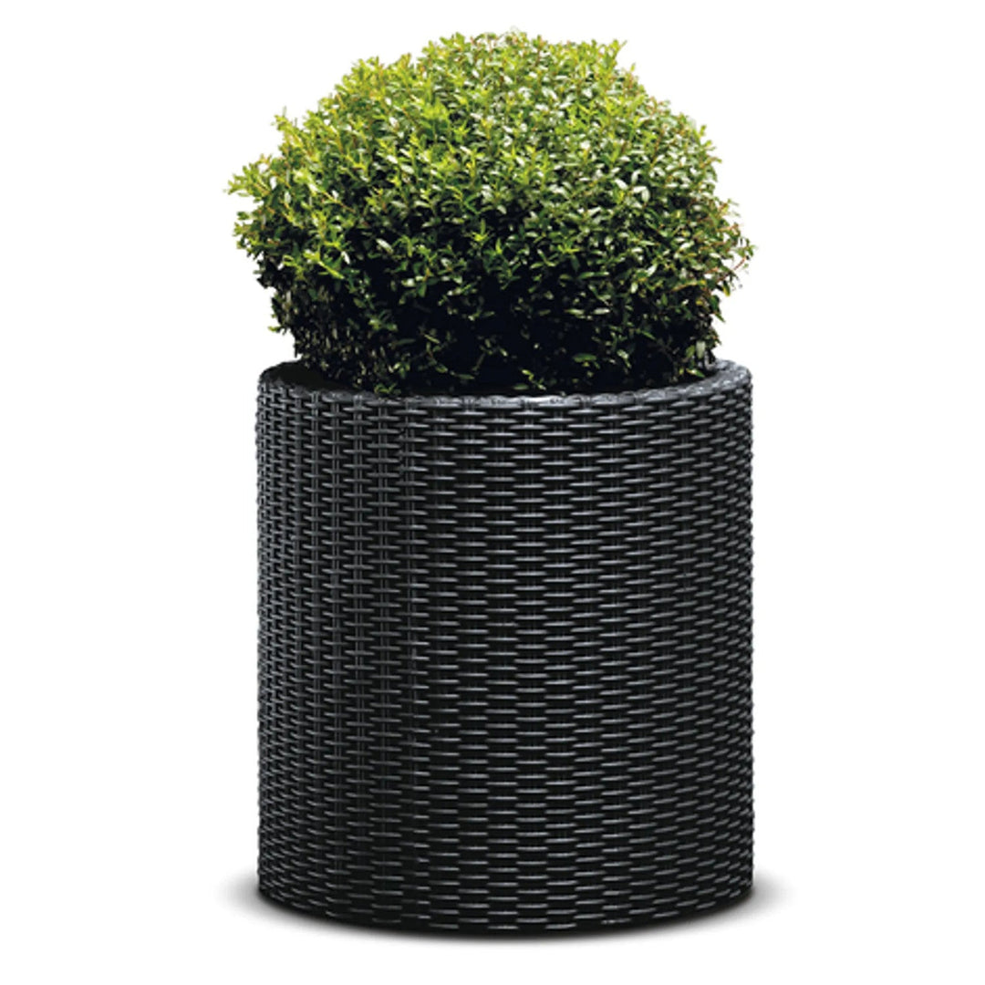 Keter Round Planter Rattan Style - Size M - 36 cm Diameter Anthracite Cylinder Flower Pot Indoor Outdoor Weatherproof