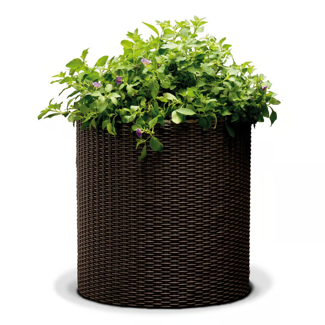 Keter Round Planter Rattan Style - Size M - 36cm Diameter Brown Cylinder Flower Pot Indoor Outdoor Weatherproof