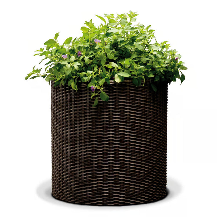 Keter Round Planter Rattan Style - Size M - 36cm Diameter Brown Cylinder Flower Pot Indoor Outdoor Weatherproof