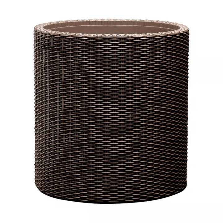Keter Round Planter Rattan Style - Size M - 36cm Diameter Brown Cylinder Flower Pot Indoor Outdoor Weatherproof