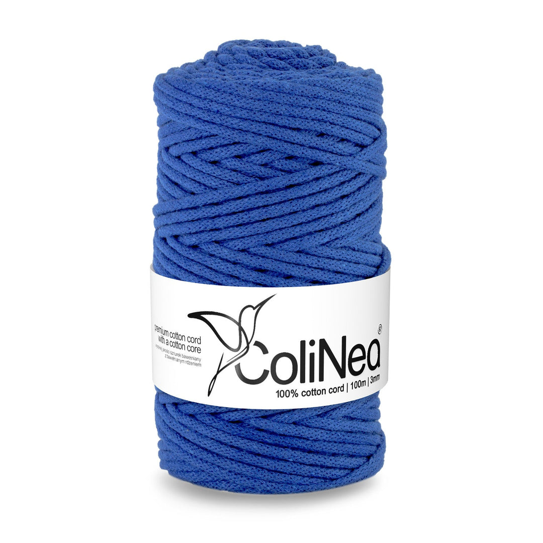 ColiNea presents a 3mm thick, 100m long braided cotton cord with a cotton core in a deep dark blue hue. Perfect for various crafting projects, of