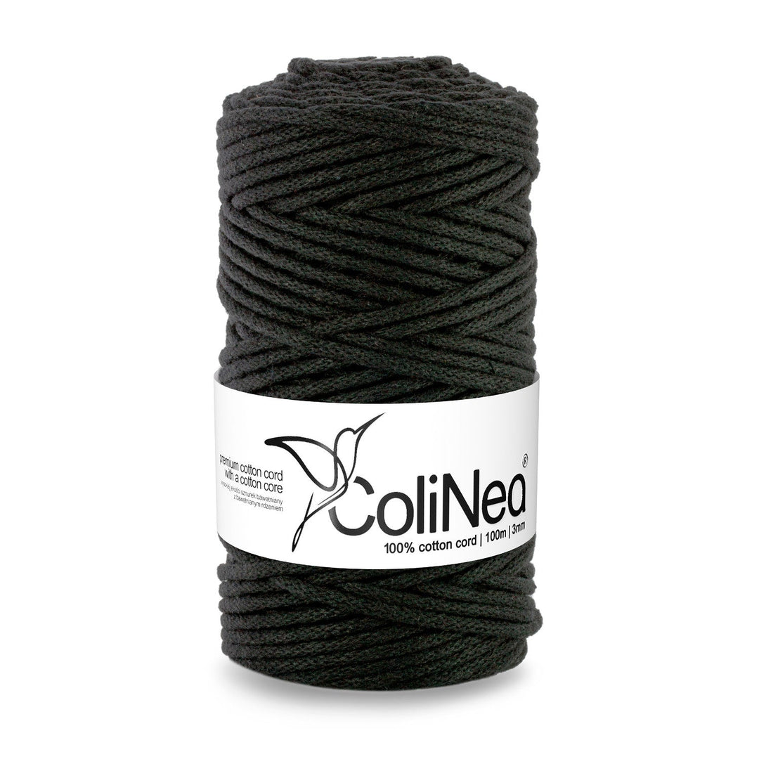 ColiNea presents a 3mm thick, 100m long braided cotton cord with a cotton core in classic black. Ideal for diverse crafting projects, it ensures durability and timeless style.