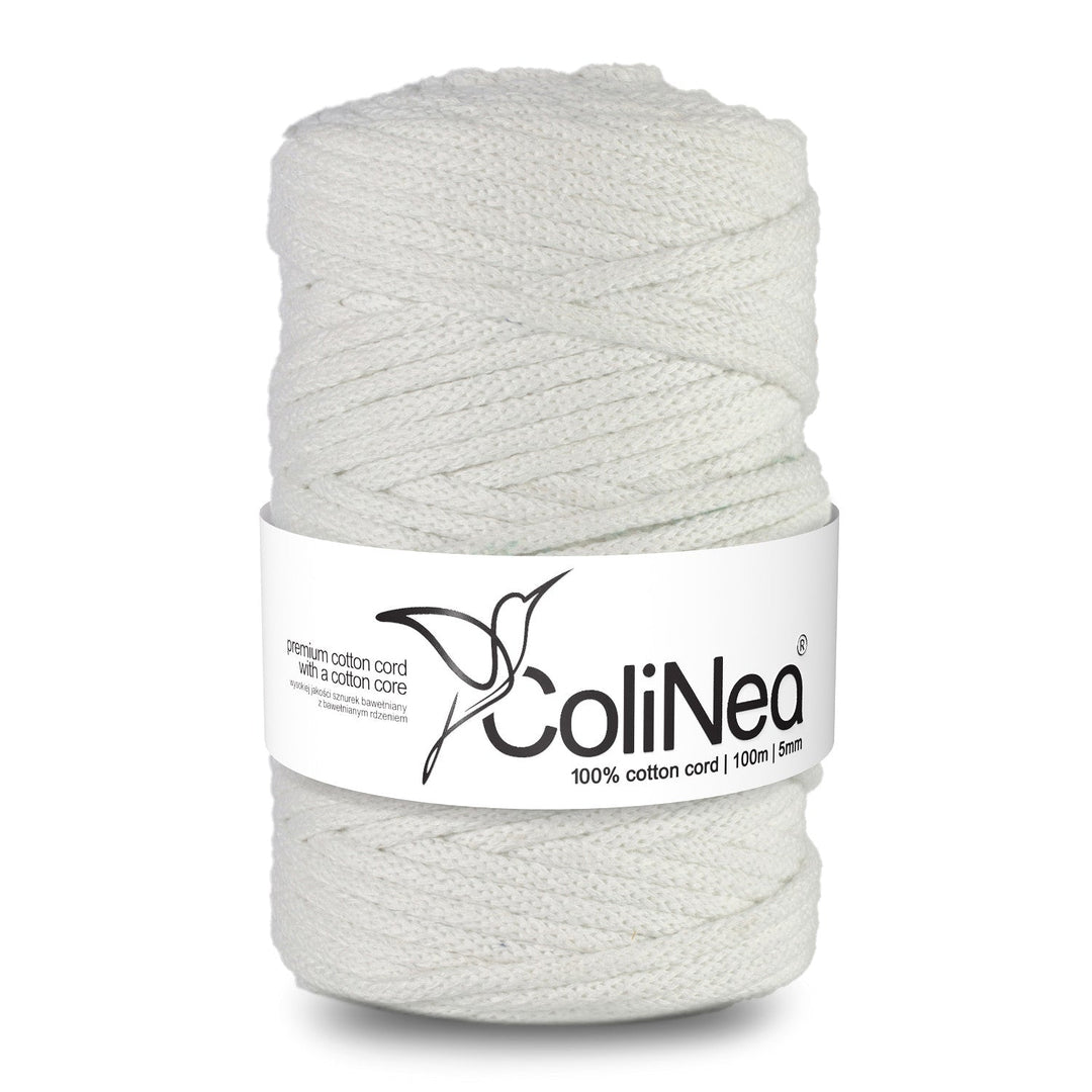 ColiNea's braided cotton cord with a cotton core. This versatile 5mm cord, spanning 100m in crisp white, is perfect for various uses.
