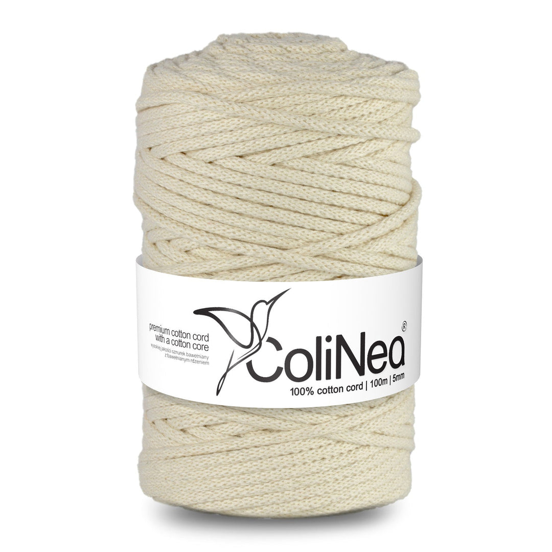 ColiNea's braided cotton cord featuring a cotton core. Crafted at 5mm thickness and spanning 100m, this ivory cord offers both elegance and versatility.