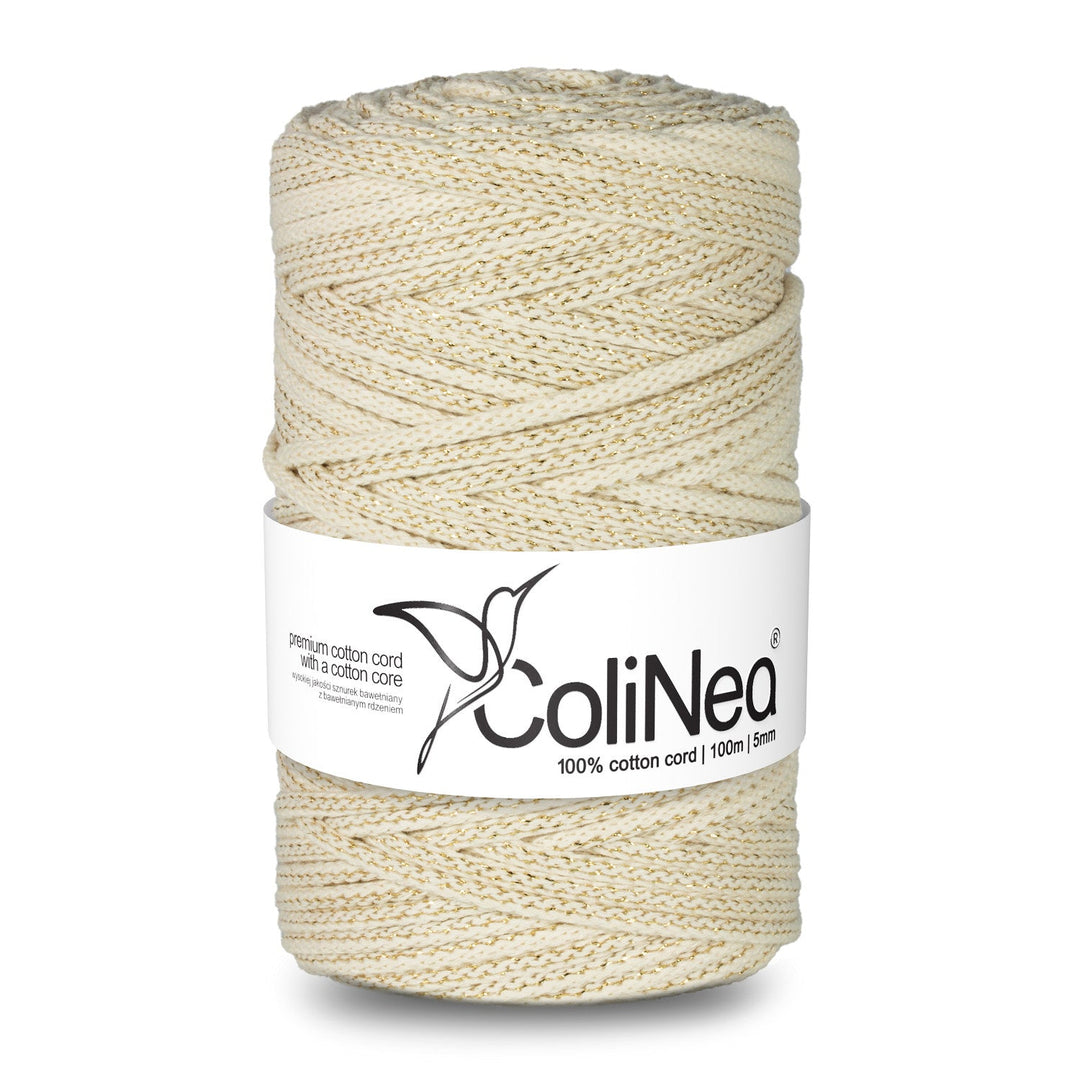 ColiNea's exquisite braided cotton cord with a cotton core, adorned with subtle golden threads. With a diameter of 5mm and spanning 100m, this ivory cord exudes sophistication and charm.