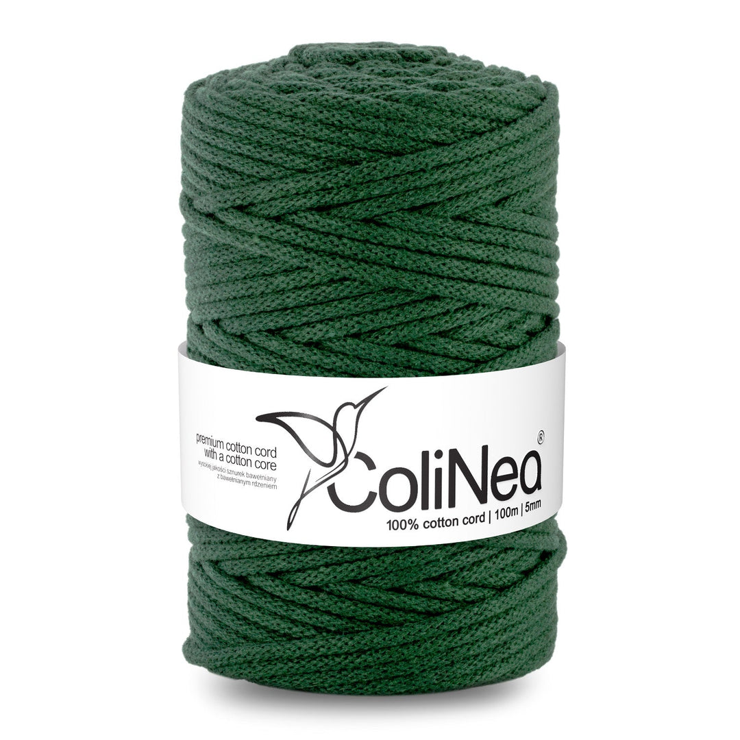 ColiNea introduces a 5mm thick, 100m long braided cotton cord with a cotton core in a rich bottle green hue. Ideal for various crafting projects, it ensures durability and adds a touch of natural sophistication.