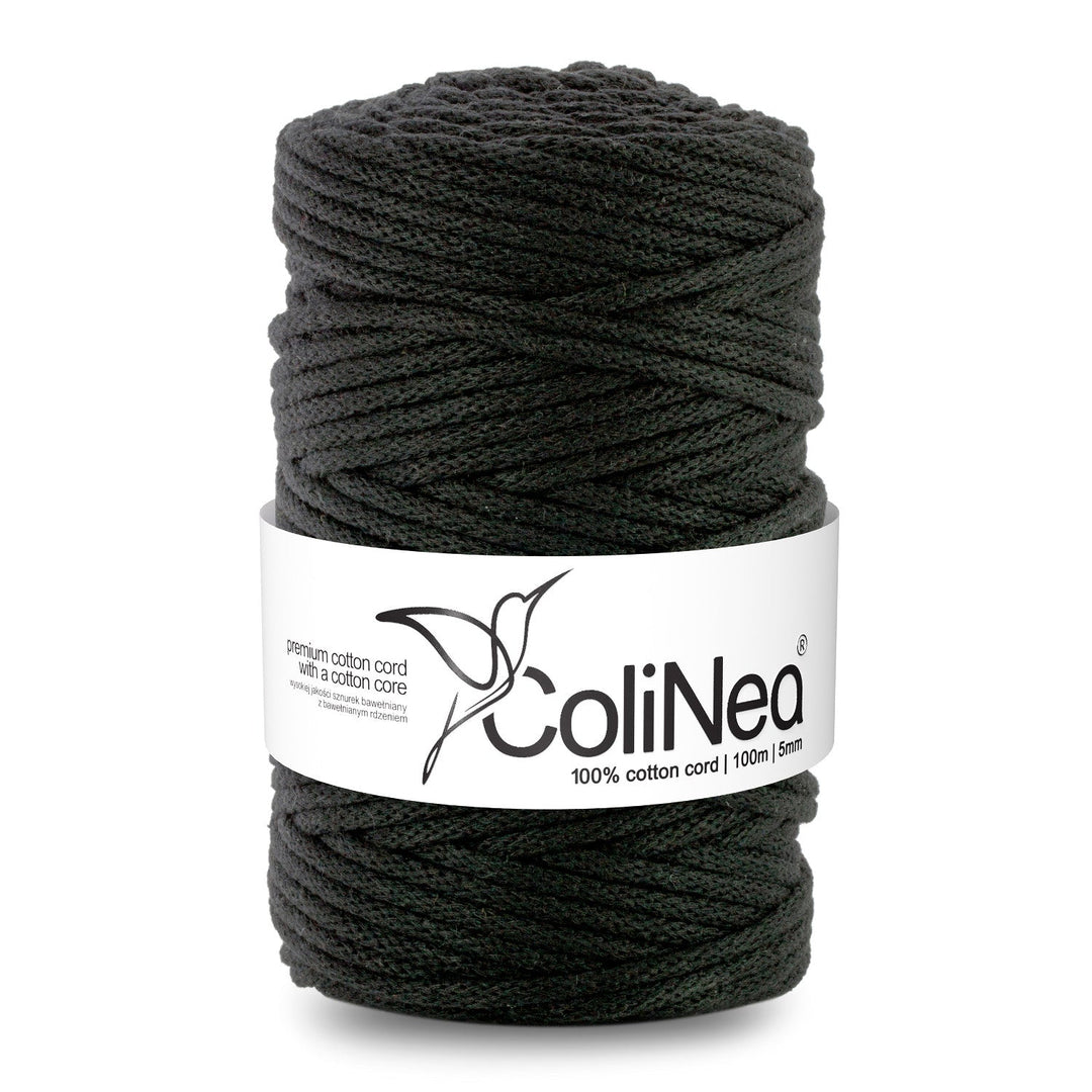 ColiNea offers a braided cotton cord with a cotton core, 5mm thick and 100m long, in classic black. Ideal for various crafting projects, ensuring durability and timeless style.
