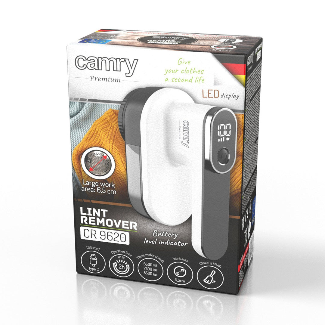 Camry fabric shaver, LCD display, Li-Ion rechargeable battery, white and black, CR 9620